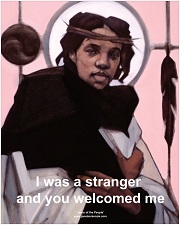 Janet McKenzie, Jesus of the People©, I was a stranger and you welcomed me print with text